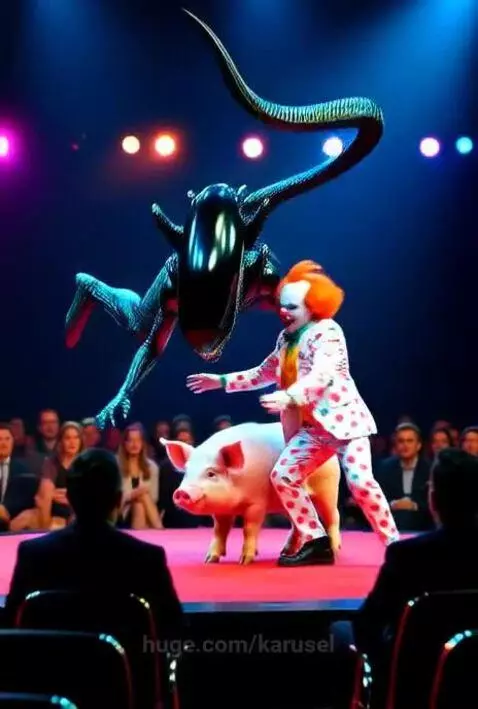 Alien and Clown fight for the Pig award on stage by karusel