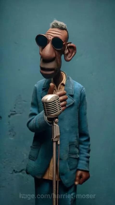 Stop-motion animated character with dark skin, sunglasses, and blue suit holding a vintage microphone and making facial expressions.