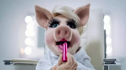 Miss Piggy, the Muppet character, applying bright pink lipstick in a dressing room setting.