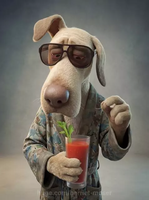Anthropomorphic dog wearing floral bathrobe and sunglasses, holding a Bloody Mary, looking hungover.