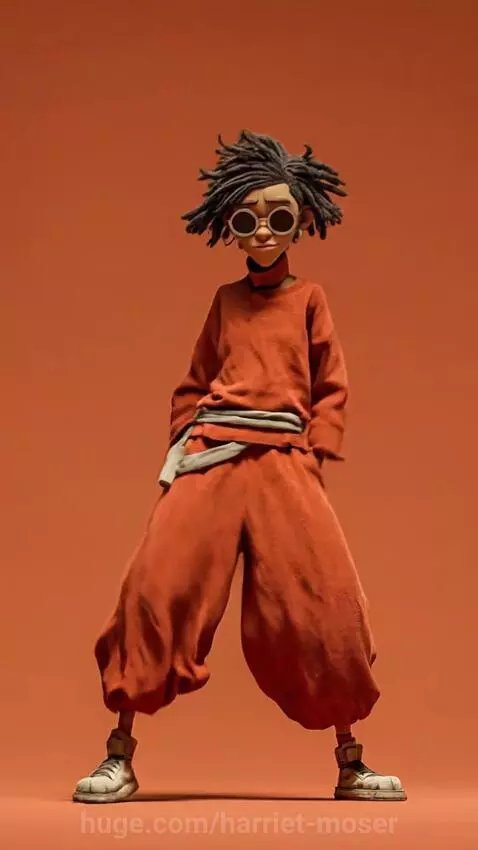 Animated character with dreadlocks and sunglasses in an orange outfit dancing against an orange background.