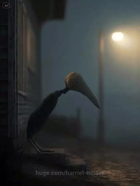 Slender, bird-like creature with a long beak stands on a cobblestone street at night, catching a fly.