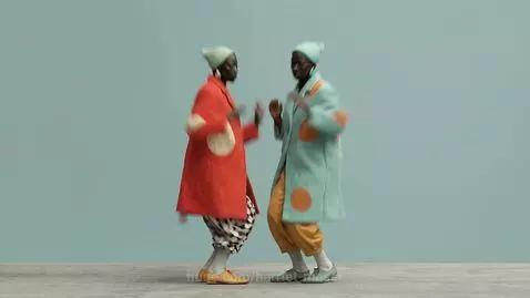 AI-generated human figures in vibrant, retro-futuristic fashion dancing against a teal background.