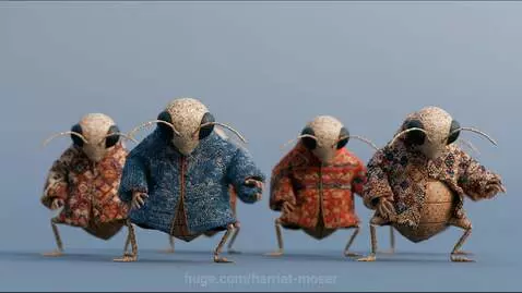 Animated bugs wearing colorful, patterned rug-like coats, dancing with large eyes and antennae.