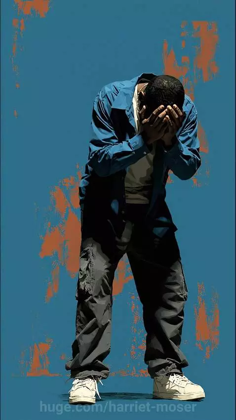 Animated man dancing expressively with exaggerated sadness against a blue and orange background.