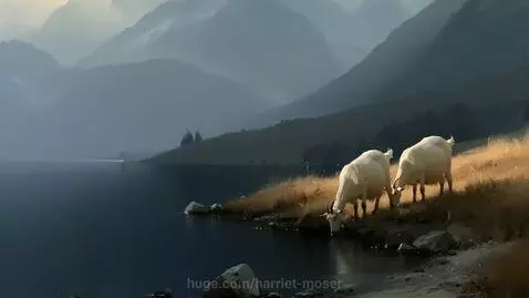 AI-generated image of a misty lake with mountains, a rowboat, and swans.