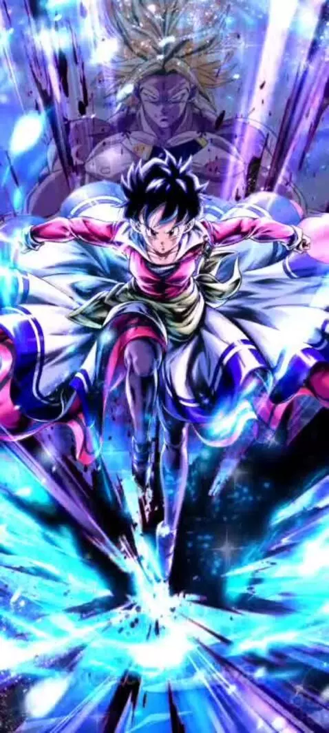Anime character in dynamic pose with blue and purple energy, Broly-like figure in background.