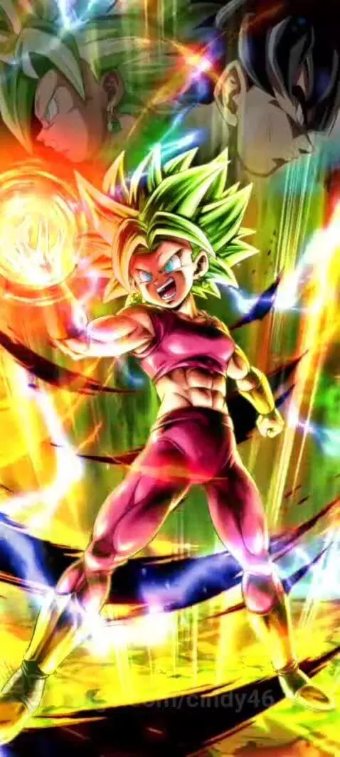 Anime character Kefla from Dragon Ball with green hair, blue eyes, and pink outfit, emitting orange energy.