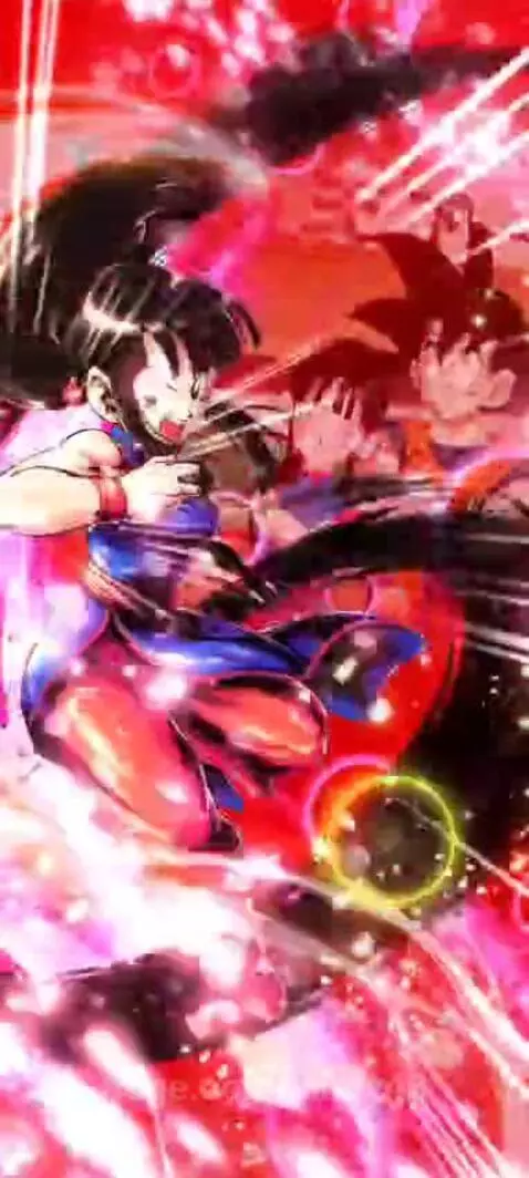 Anime Chi-Chi from Dragon Ball in a dynamic action pose with a pink and red energy background.