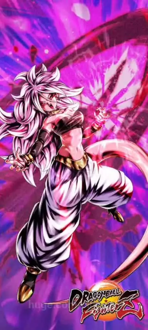 Anime character Android 21 (Majin form) from Dragon Ball charging pink and purple energy with red lightning.