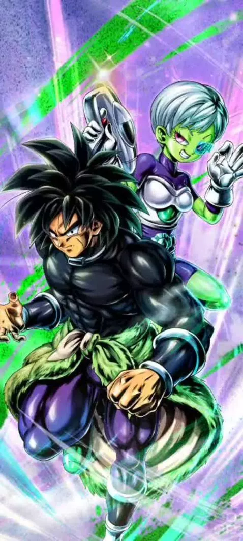 Dragon Ball's Broly and Cheelai in animated art, with Broly in foreground and Cheelai with a gun behind him.
