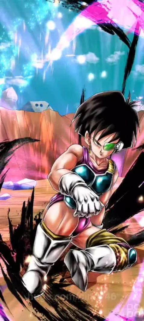 Female Saiyan character in a purple and teal battle suit, crouching on an alien planet with pink rocks and a blue sky.