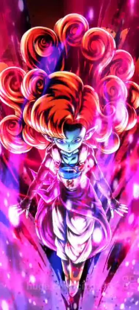 Anime character with blue skin, curly red hair, and glowing pink/orange aura, wearing a purple and white outfit.