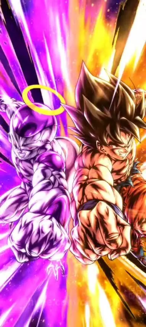 Dragon Ball art: Goku in Super Saiyan form and Frieza with a halo, clenching fists in a battle stance with contrasting energy auras.
