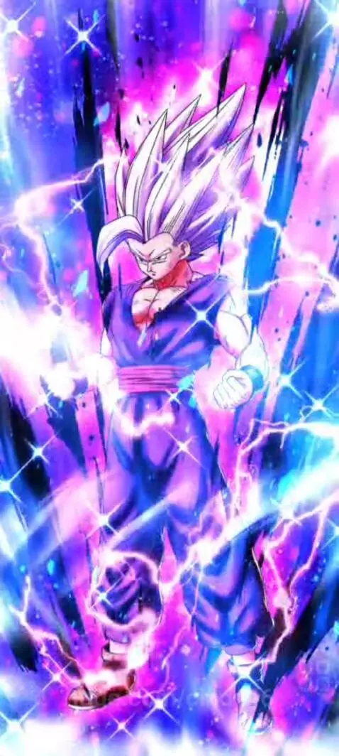 Anime character Gohan in Beast transformation, with spiky white hair, purple gi, and a powerful blue and purple energy aura.