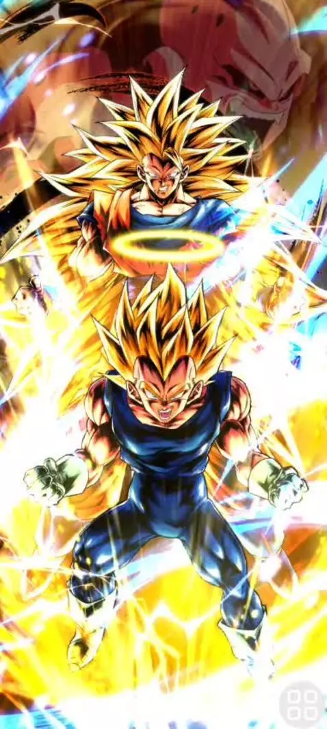 Goku and Vegeta in Super Saiyan forms radiating golden energy during a fierce battle.