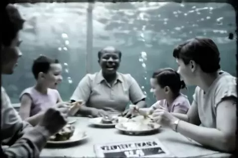 A diverse family group, including adults and children, laughing and eating at a table in a restaurant with an underwater scene visible through a large window.