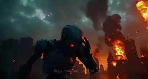 Skeletal robot with glowing orange eyes in a burning city under a dark, cloudy sky.