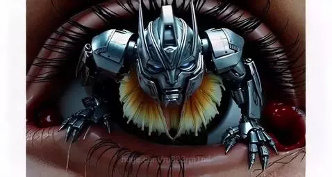 Close-up of a woman with dark hair and realistic blood on her face and chest, wearing a yellow and gold scale-patterned top.