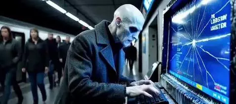 Pale, bald man with cracked skin typing on a cracked computer screen in a subway station, displaying network graphics.