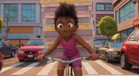Animated girl with curly hair in pink rides a flying bicycle past a surprised orange and grey robot on a city street.