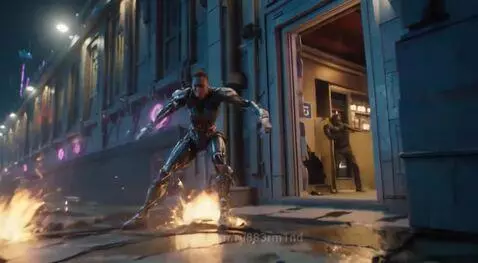 Warrior in a dark, metallic, futuristic suit with glowing elements in a dynamic combat pose in a neon-lit urban environment at night.