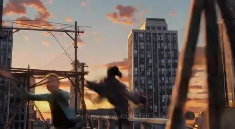 Animated young woman with a glowing blue staff on a rooftop at sunset, engaged in a playful fight.