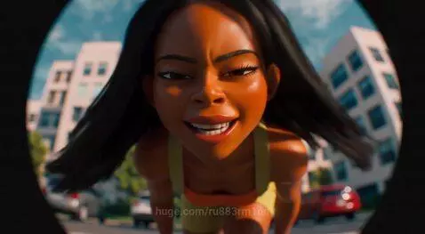 Animated young Black woman with long dark hair blowing a large bubble gum bubble that pops, with a joyful expression.