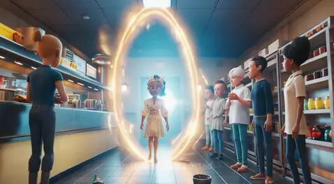 Animated girl in vintage outfit emerges from a glowing portal into a cafeteria, surprising kids.