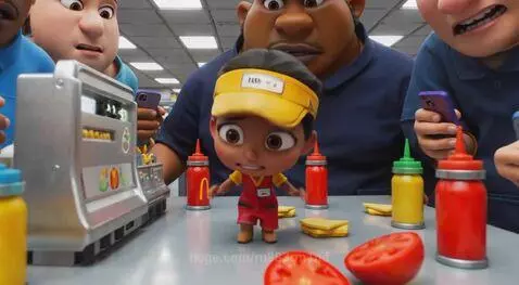 Small animated character in a fast-food uniform on a table with giant condiments, looking distressed.