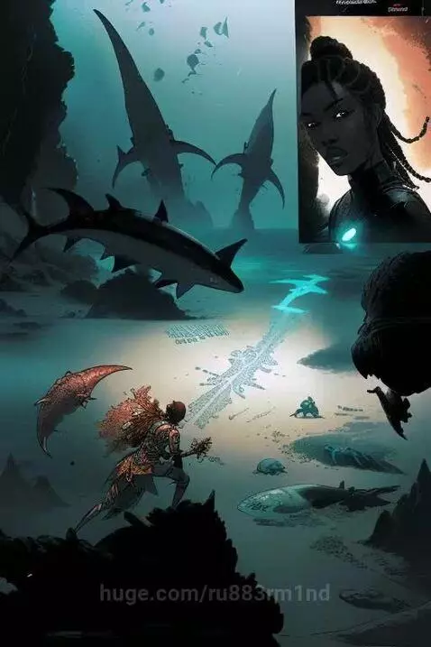 Dark-skinned female warrior with dreadlocks in armor, facing colossal sharks in a glowing, deep-sea comic book world.
