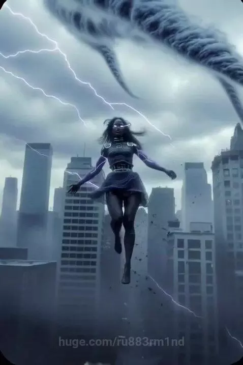 Animated superheroine with dark skin, dark hair, and glowing eyes running through a futuristic city with lightning and tornadoes.