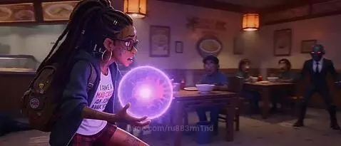 Woman with glowing purple eye on forehead fights robots with purple energy in a ramen shop.