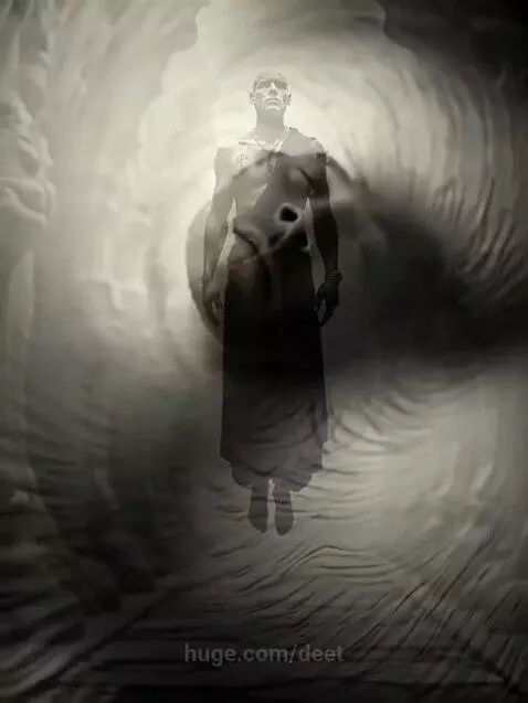 A muscular figure in dark robes levitates in an ethereal hallway, with eyes open, before transforming into a serene face within swirling white textures.