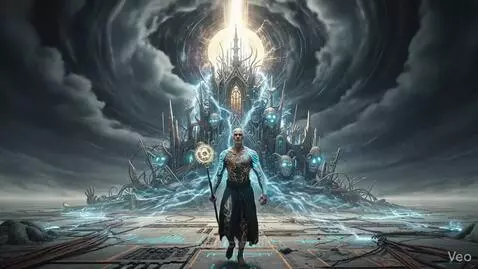 Bald man with glowing tattoos holds a staff before a massive, dark, intricate structure with lightning in a stormy sky.