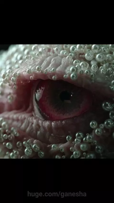 Extreme close-up of a creature's eye with wrinkled pink skin and translucent bubbles.