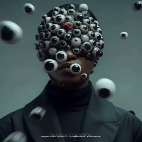 Close-up of a person wearing a black head covering and a mask made of artificial eyeballs that detach and float.