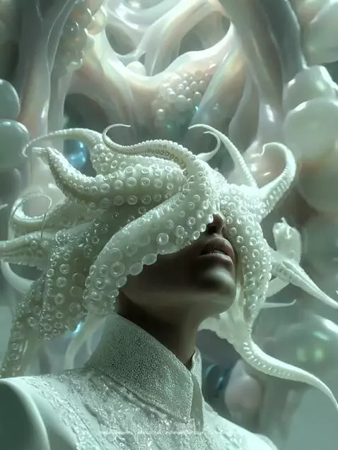 Person in an octopus-like headpiece and garment in a glowing, surreal underwater cave with pearl-like spheres.