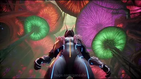 A creature transforms from a snail-like being with glowing eyes to an armored humanoid in a glowing mushroom forest.