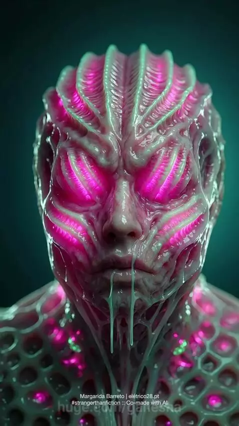 Alien landscape with a transformed, glowing creature and a tardigrade-like being.