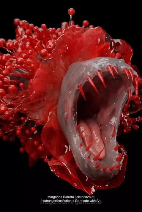 Close-up of a grotesque red flower with a mouth lined with sharp teeth, pulsating and opening.