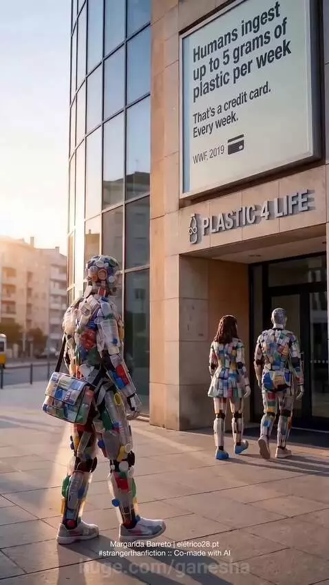 Human-like figures made of plastic waste performing daily routines amidst pollution statistics.