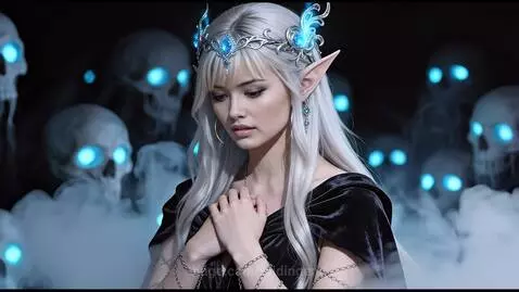 Sad elf woman with white hair, silver crown, and tear, amidst floating glowing skulls in fog.