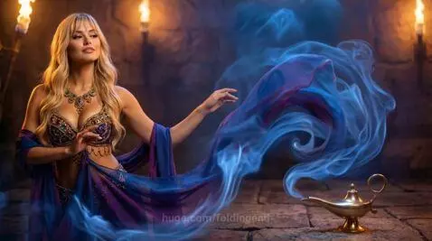 A blonde woman in a revealing genie costume emerges from blue smoke billowing from a golden lamp.