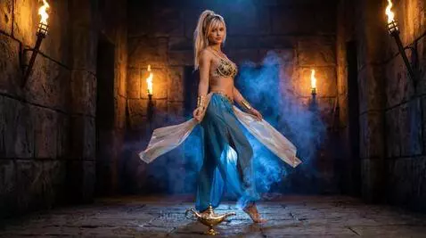 Blonde woman dressed as a genie performs a seductive belly dance in a torch-lit ancient stone chamber with a genie lamp.