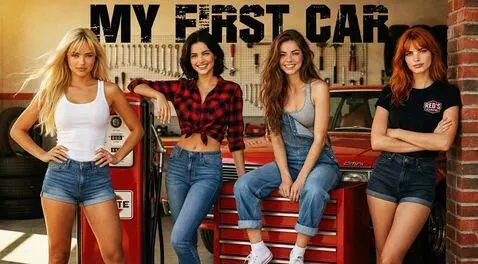 Women in revealing outfits with vintage cars and mechanic tools, evoking a nostalgic and suggestive 'first car' theme.