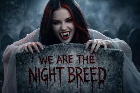 Vampire woman with fangs and glowing red eyes emerging from a gothic archway in a misty graveyard.