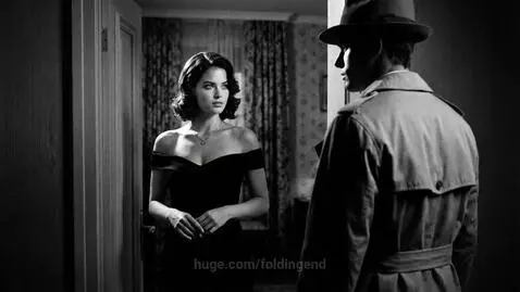 Film noir couple in black and white, private eye pulls femme fatale into a passionate kiss outside apartment door.