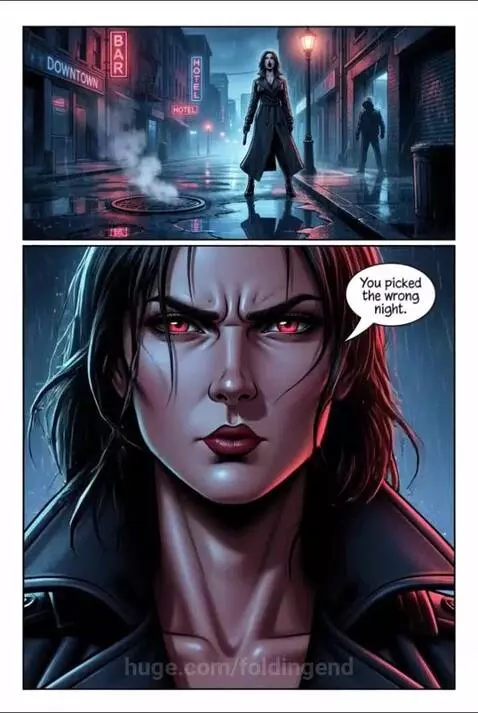 Woman in trench coat with glowing red eyes points a handgun on a dark, rainy city street at night.