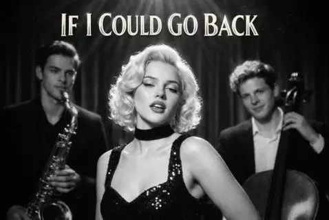 Black and white scene from a music video featuring a woman in a vintage car.